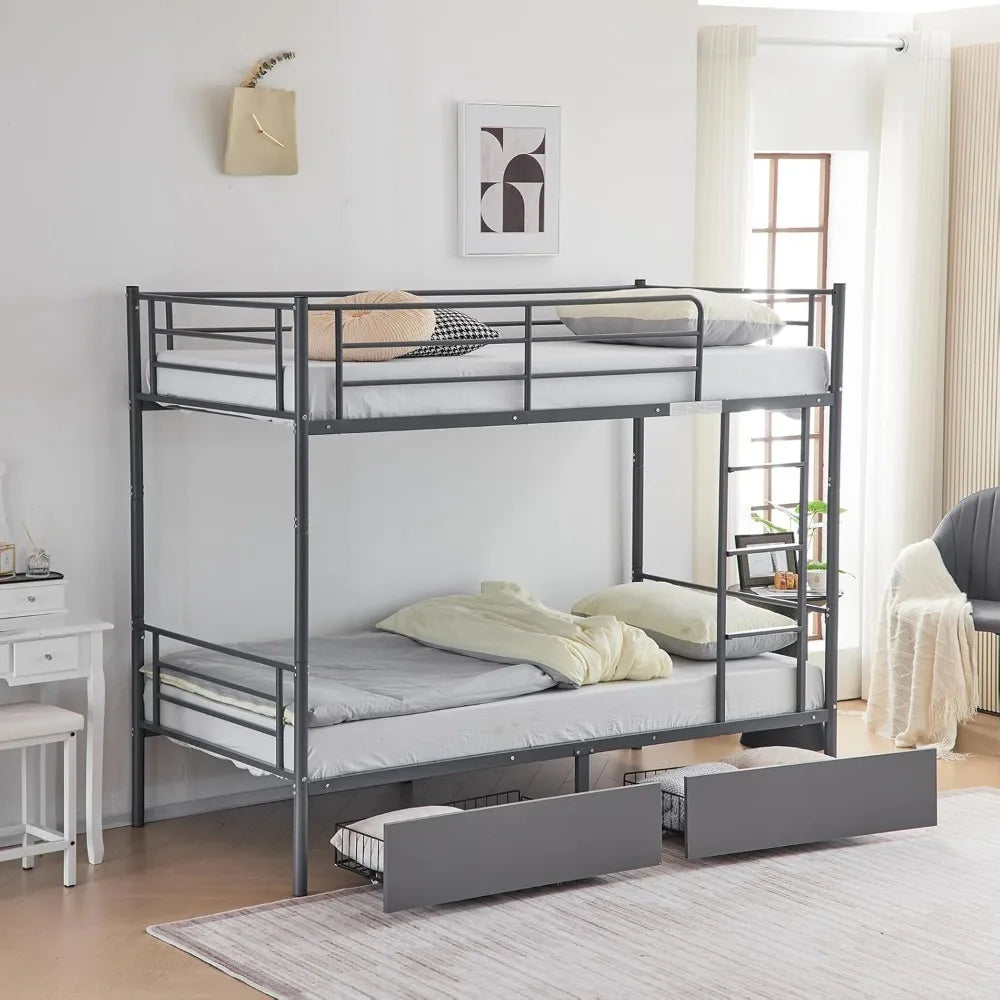 White Bunk Bed Twin Over Twin with 2 Storage Drawers, Metal Bunk Bed with Built-in Ladder