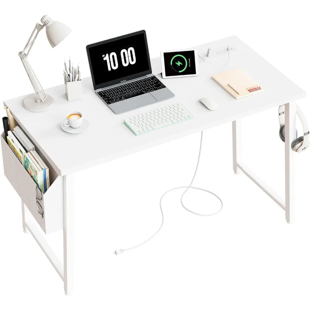 RUO WU 39 Inch White Computer Desk W/Power Outlet Table Pliante