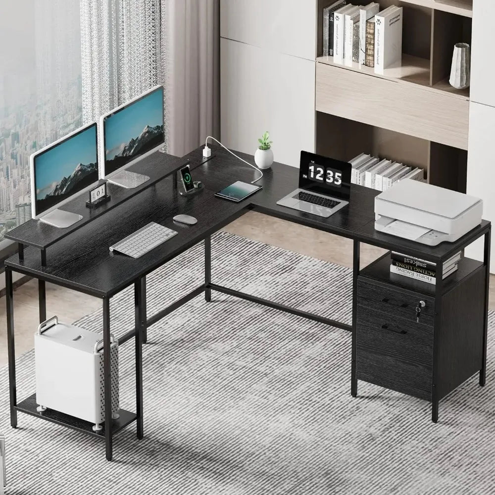 Reversible Computer Desk w/Power Outlets & File Cabinet L Shaped Corner Desk/Monitor Stand & Shelves