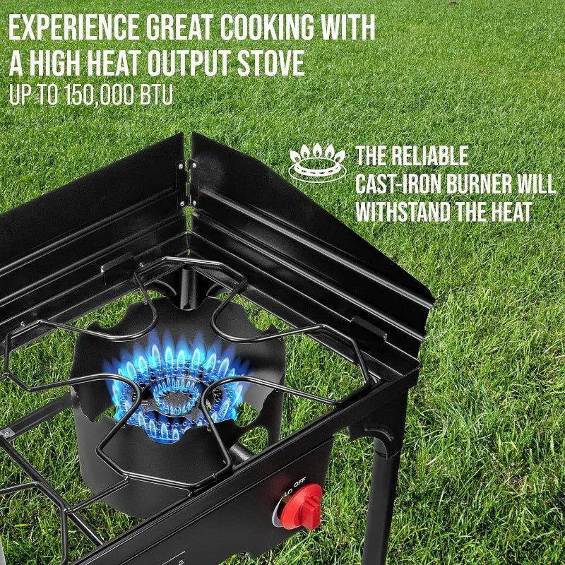 Cast Iron Double-Burner Outdoor Gas Stove 150,000 BTU Portable Propane Cooktop w/Blue Flame Control