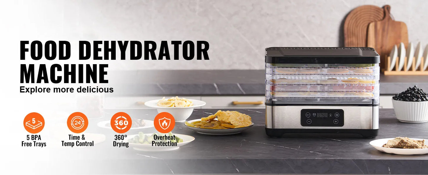 SucceBuy 5 Tray Food Dehydrator Machine 300W Stainless Steel Electric Food Dryer/Digital Adjustable