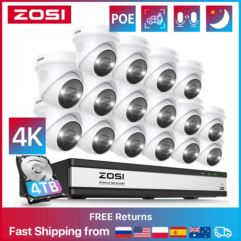 ZOSI 4K POE Security Camera System 8MP Ultra HD 16CH NVR Two Way Audio Color Night Vision CCTV