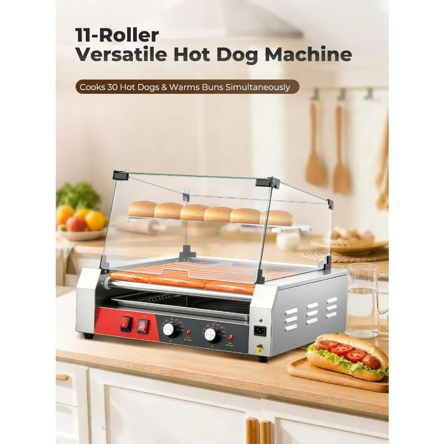 Hot Dog Roller 11 Rollers 30 Hot Dogs Capacity 1650W Stainless Steel Hot Dog Machine Bun Warmer