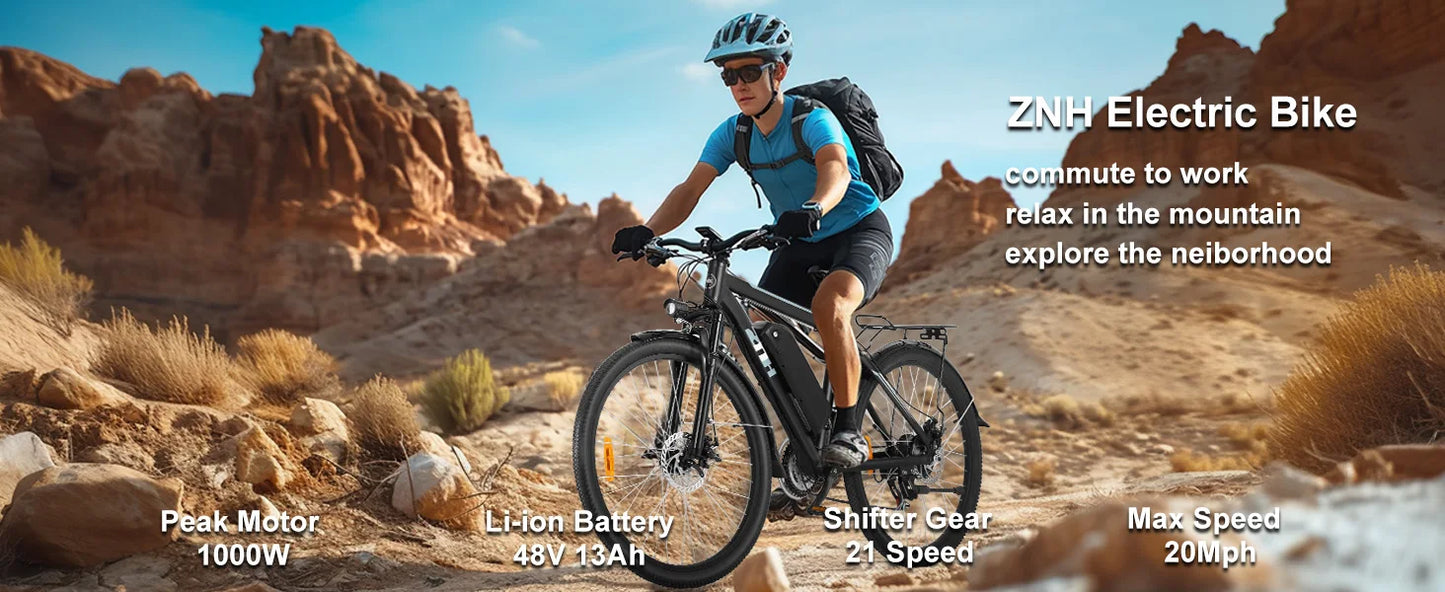 1000W Motor Peak 48V Electric, 26" Mountain Bike with Removable Battery,50Miles Range 20MPH E-bike