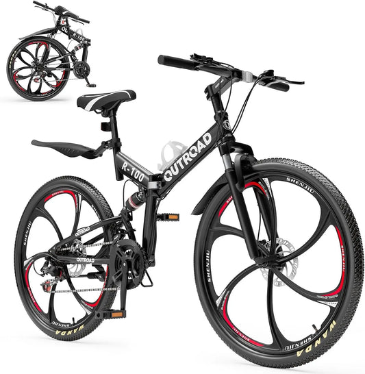 26 inch Folding Mountain Bike, Carbon Steel Frame and 21 Speed, Double Disc Brake Folding Bike