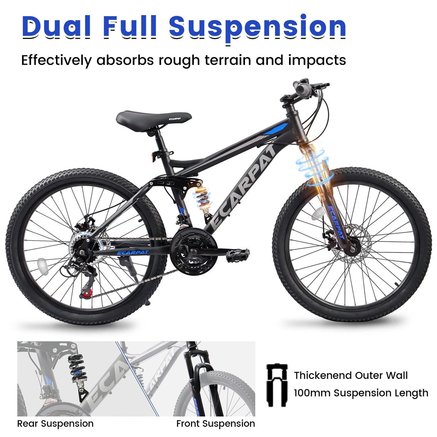 Ecarpat Dual Full Suspension Mountain Bike 24/26/27.5 Inch, 21-Speed Disc Bicycles