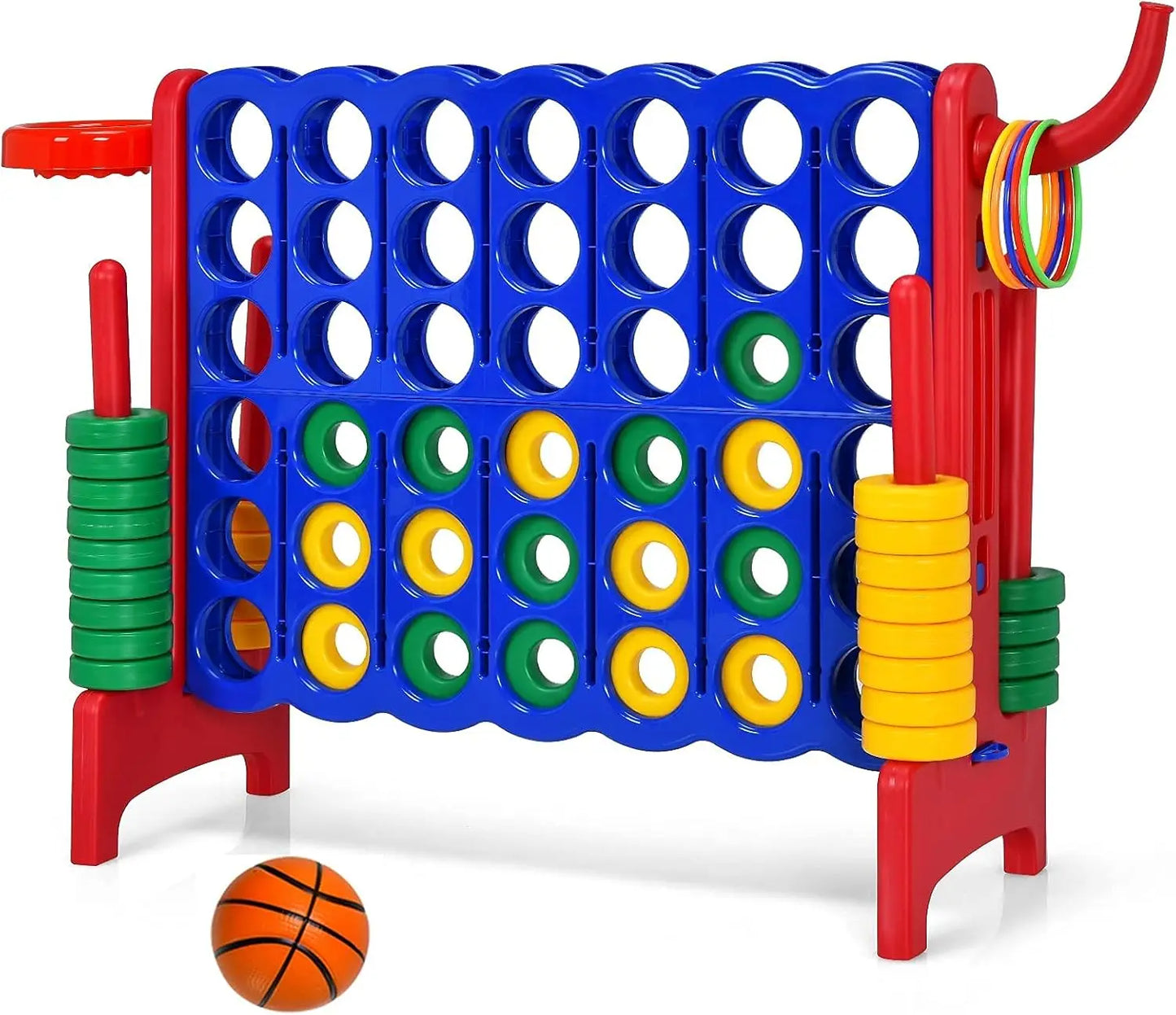 4-in-A-Row Giant Game w/Basketball Hoop, Ring Toss, 42 Jumbo Rings without carrying bag