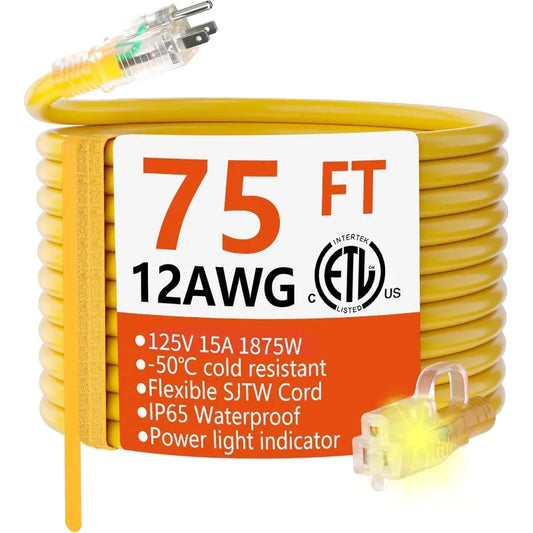 12/3 Gauge Heavy Duty Outdoor Extension Cord 75 ft Waterproof with Lighted end, Flexible