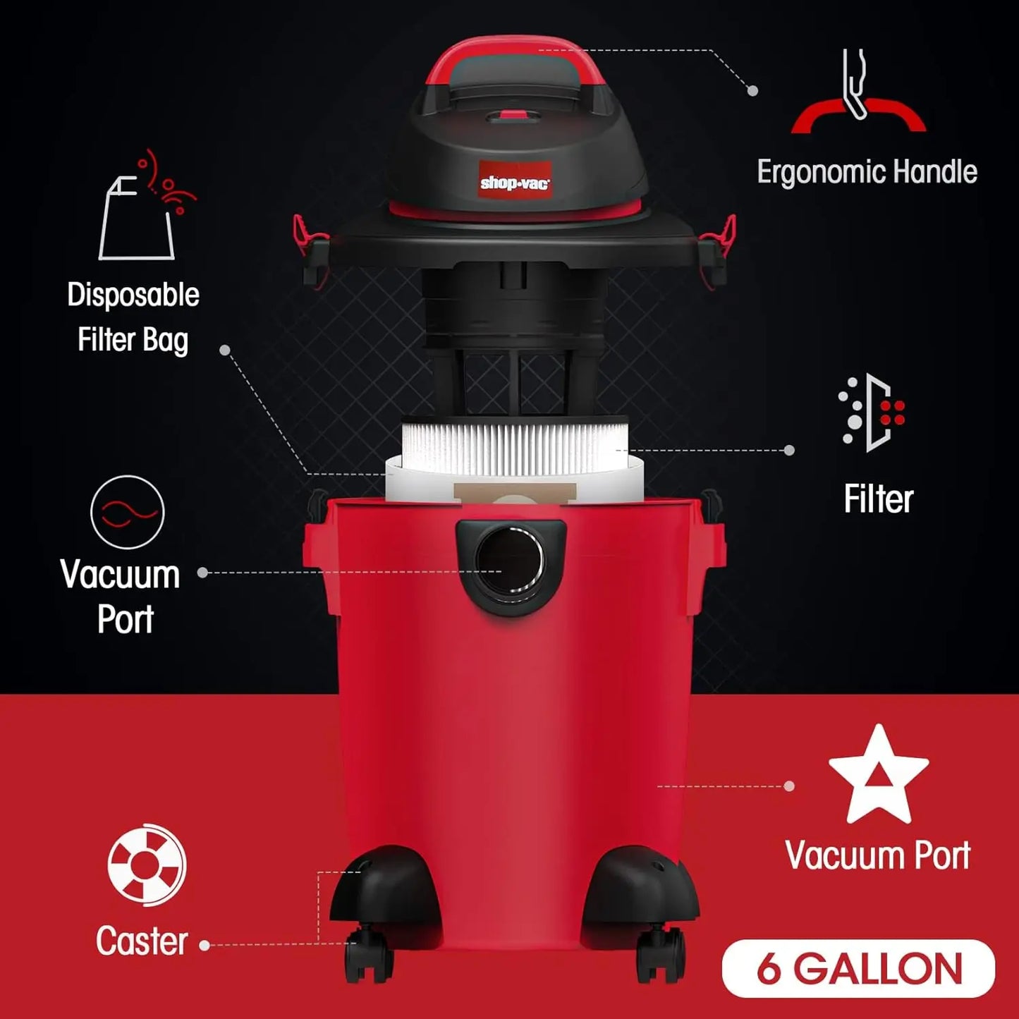 Shop-Vac 6 Gallon 3.0 Peak HP Wet Dry Vacuum,Heavy-Duty Shop Vacuum w/Filters, Attachments