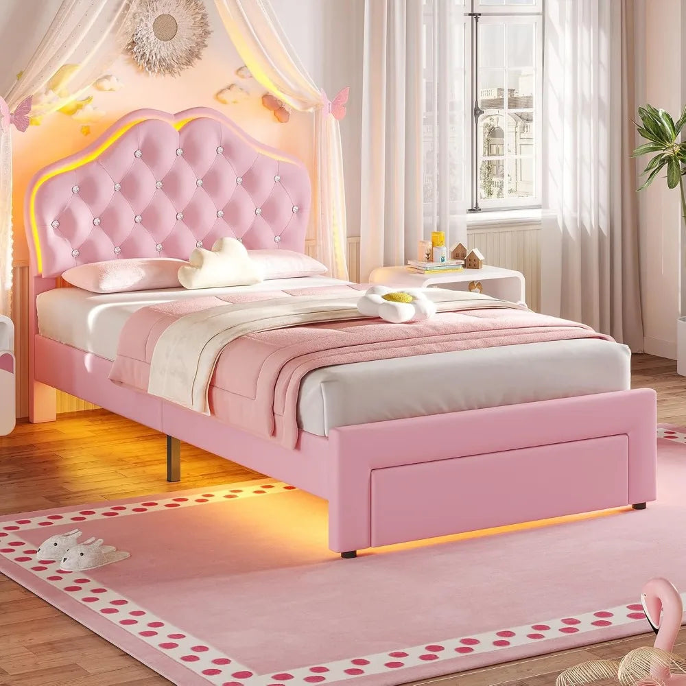 Twin Size Girl Bed with Storage Drawer & LED Lights,Adjustable Headboard with Velvet Crystal Button