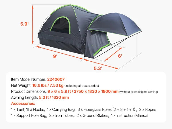 SucceBuy Pickup Truck Tent for Camping Waterproof PU2000 2-3 Person Truck Bed Tent