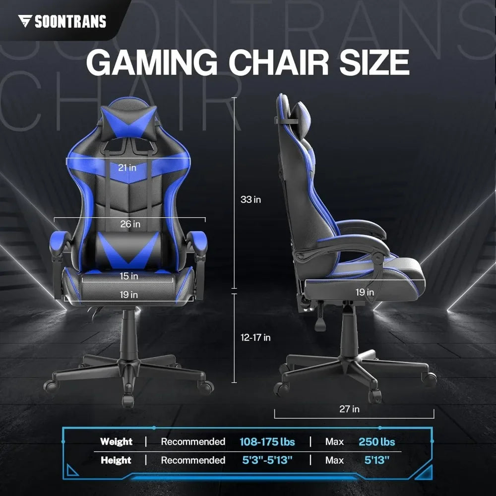 Blue Gaming Chairs w/Massage,Ergonomic Game Chair w/Adjustable Headrest and Lumbar Support