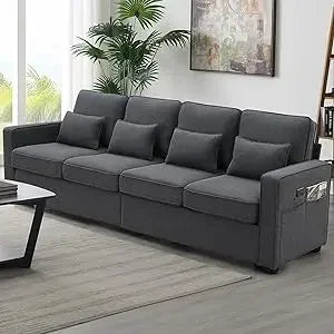 104" Linen Fabric Sofa with Armrest Pockets and 4 Pillows, Minimalist Style 4-Seater Couch