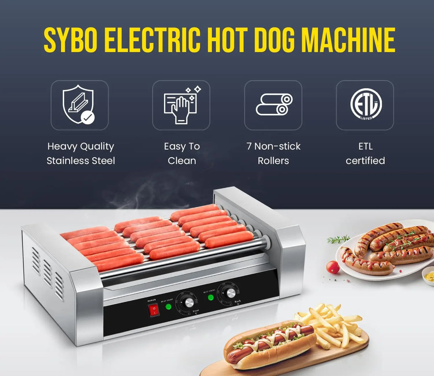 SYBO Hot Dog Roller, 18 Hot Dog 7 Roller Grill Cooker Machine w/Stainless Steel Drip Tray, 1000-Watts