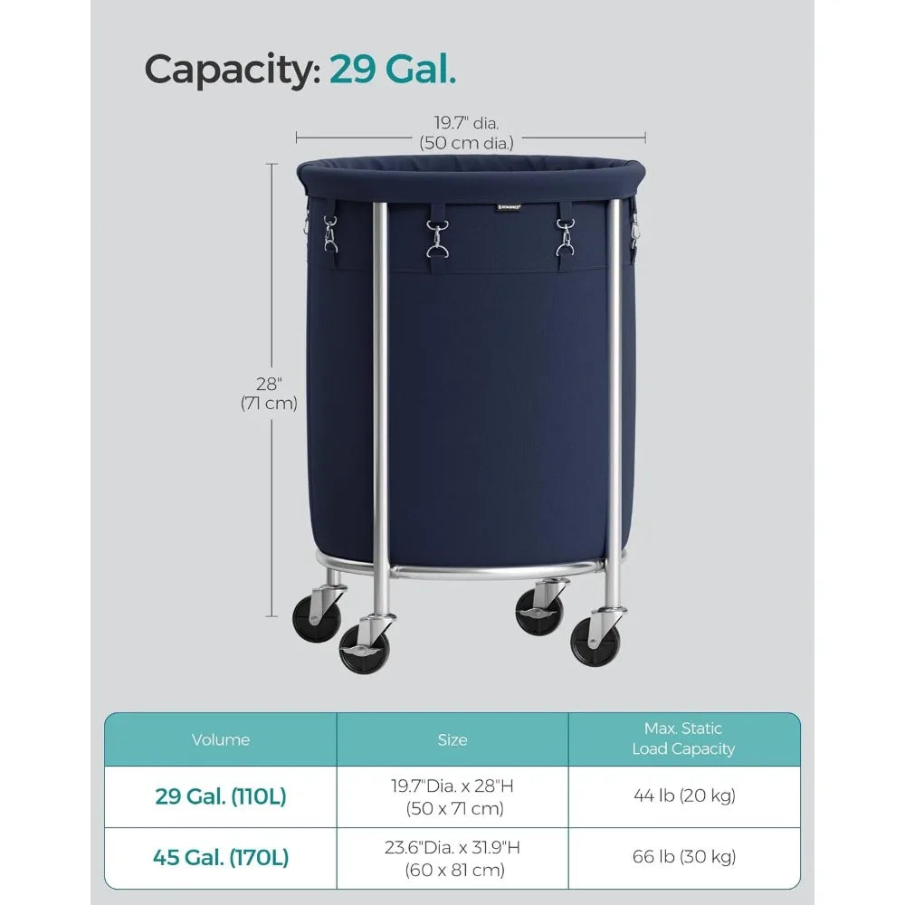 SONGMICS Laundry Basket with Wheels, Rolling Laundry Hamper, 29 Gal w/ Steel Frame and Removable Bag