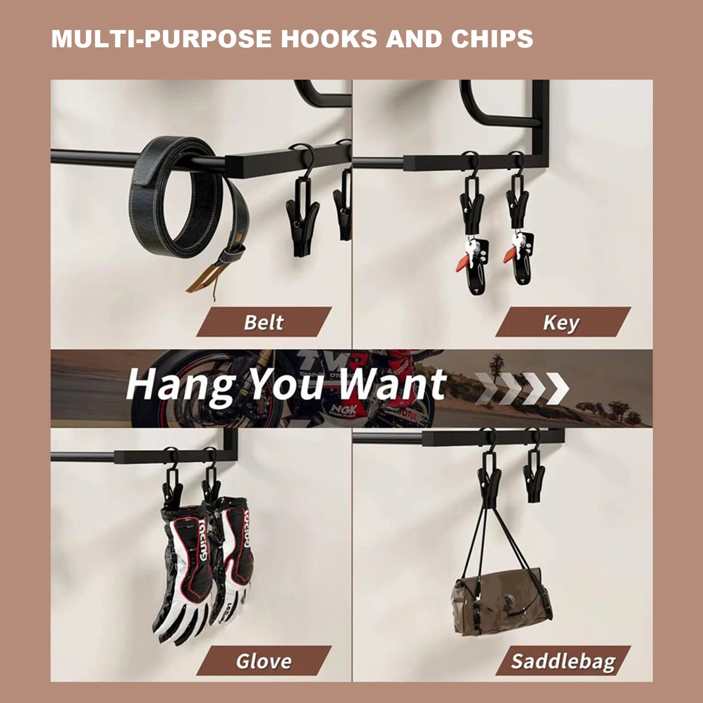 Motorcycle Helmet Holder, Wall-Mounted Rack W/4 Glove Chips & Hooks, Bike Helmets Storage Organizer