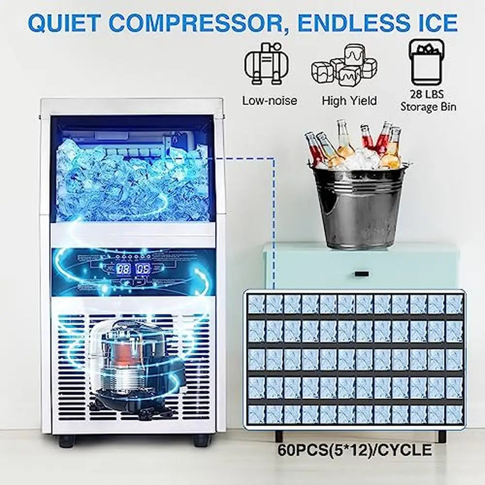 Commercial Ice Maker Machine 120-130 LBS /24H with 28LBS Storage Bin Automatic Cleaning LCD Panel