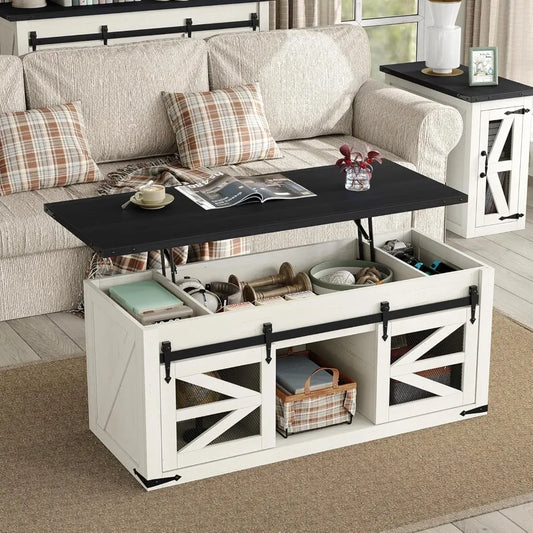 47.3FT Lift Top Coffee Table w/Sliding Barn Door/Center Table w/Large Storage/Antique Coffee Table