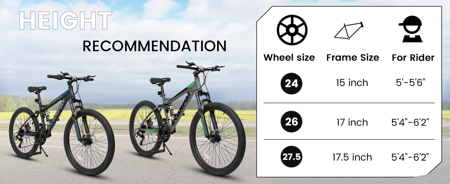 Ecarpat Dual Full Suspension Mountain Bike 24/26/27.5 Inch, 21-Speed Disc Bicycles