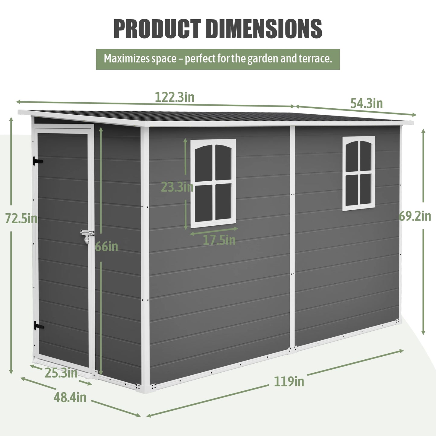 4x10 FT Gray Plastic Outdoor Storage Shed Metal Roof Two Clear Windows for Bicycles Trash Bins