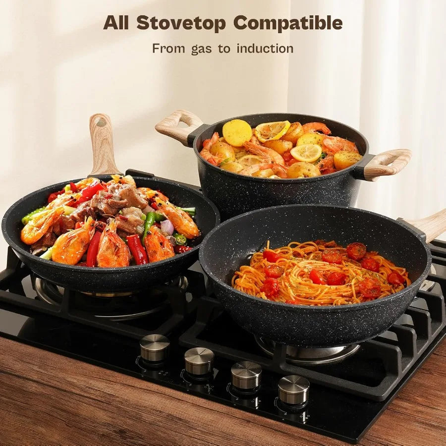 13 Pcs Pots and Pans Set Nonstick Cookware Sets Black Granite Induction Cookware Nontoxic Healthy