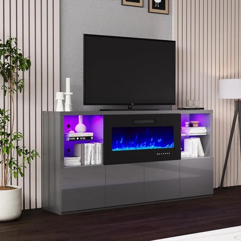 Modern High Gloss 68" Fireplace TV Stand, Entertainment Center & LED Lights for TVs up to 78"