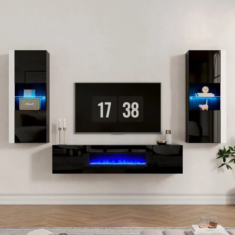 Floating TV Stand w/ 36" Electric Fireplace,High Gloss Finish Wall Mounted Entertainment Center