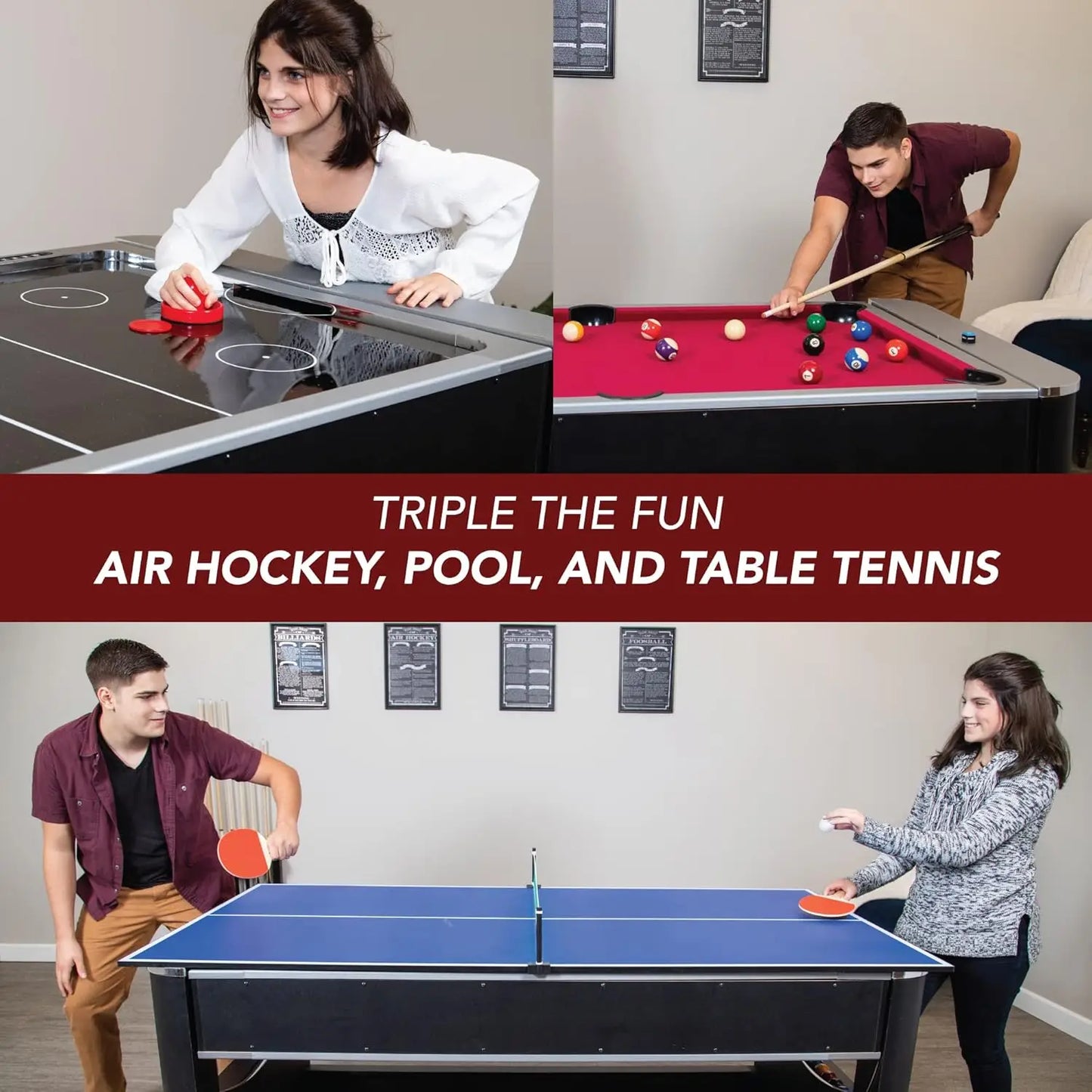 Threat 6-ft 3-in-1 Multi Game Table with Billiards, Air Hockey, and Table Tennis