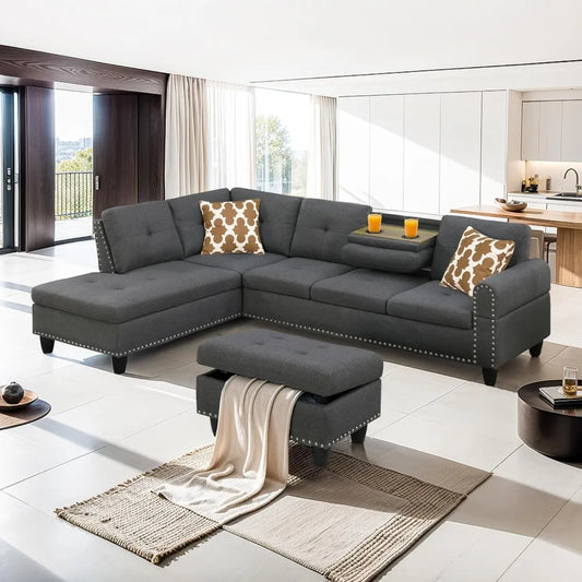 Sofa Living Room Set with Ottoman Style Reversible Sectional Sofa and Left Facing Lounge Chair