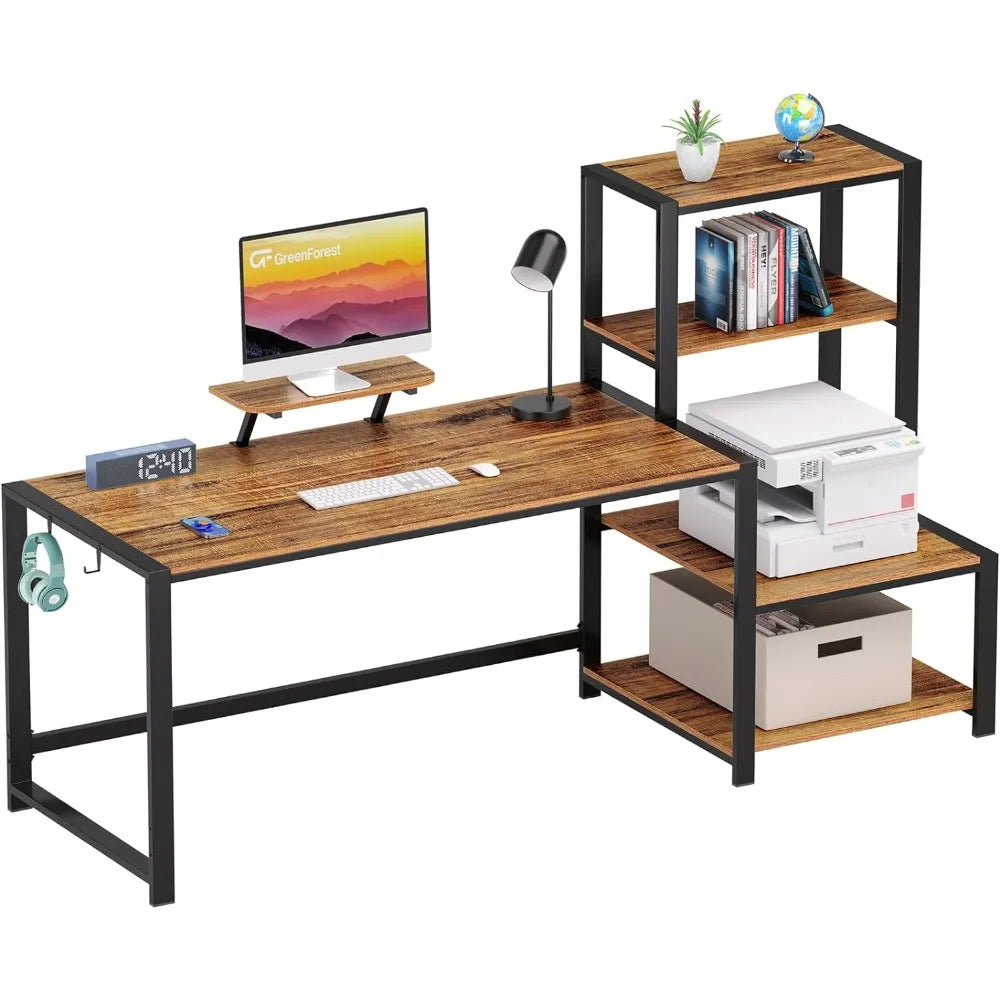 Computer Desk 67 inch Large Study Writing Table with Movable Monitor Stand and 2 Headphone Hooks