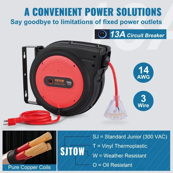 Retractable Extension Cord Power Cord 75FT 14AWG/3C SJTOW