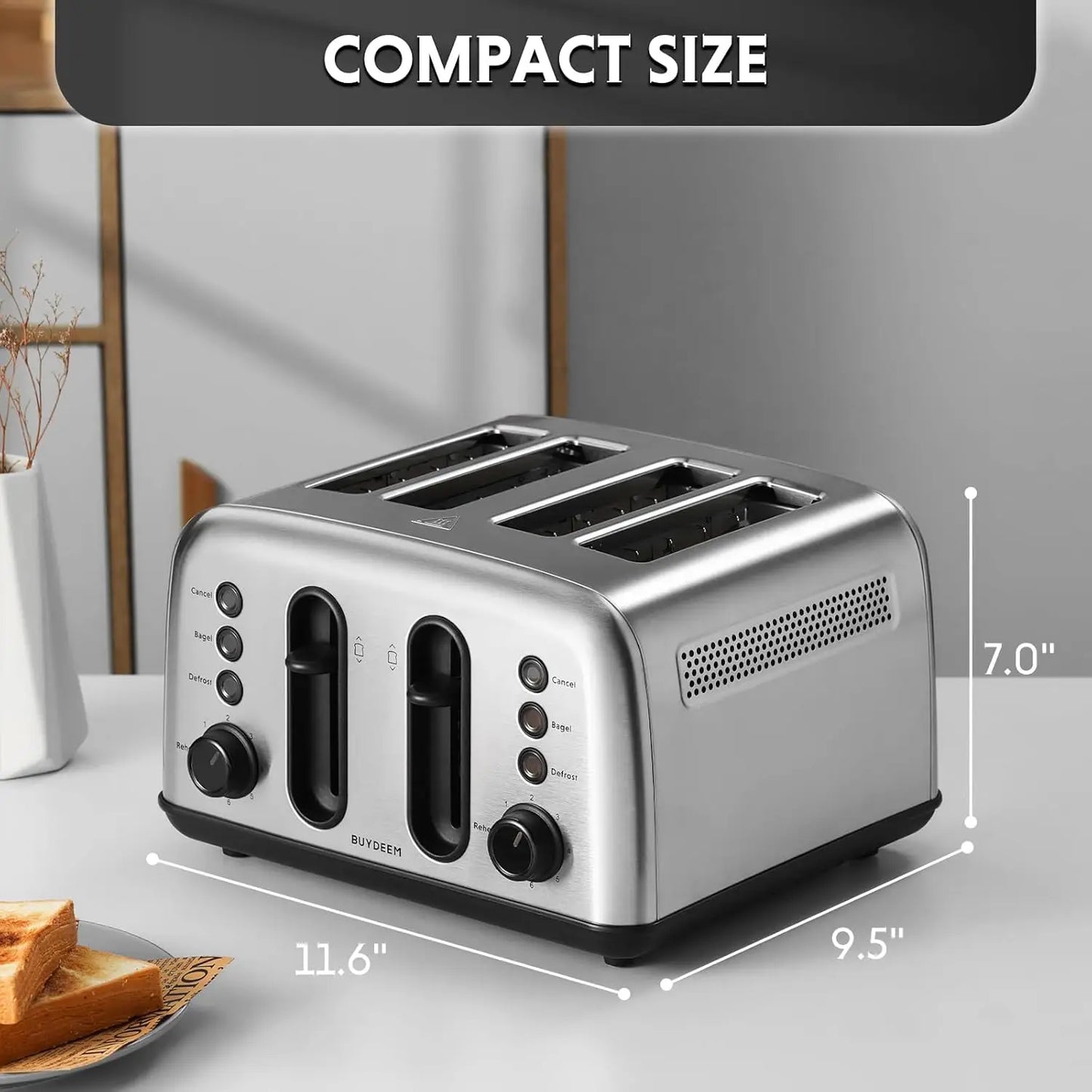 DT440 4 Slice Toaster, Stainless Steel Toaster with Extra Wide Slots for Bagels, Muffins, Lift Lever