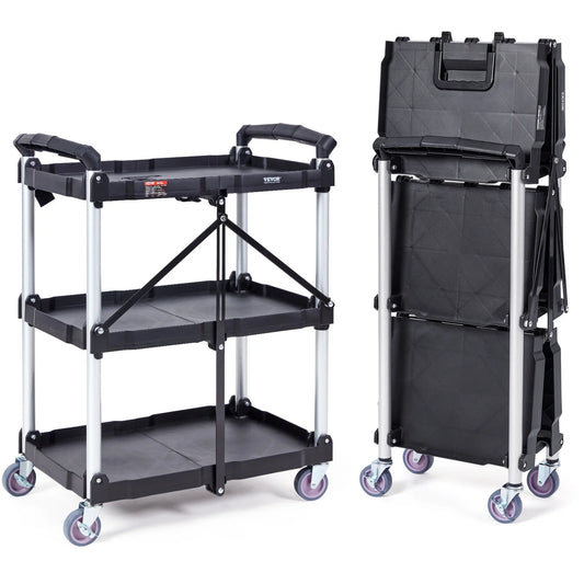 VEVOR Foldable Rolling Utility Service Cart, 3 Shelf 165LBS Heavy Duty Plastic, Ergonomic Handle