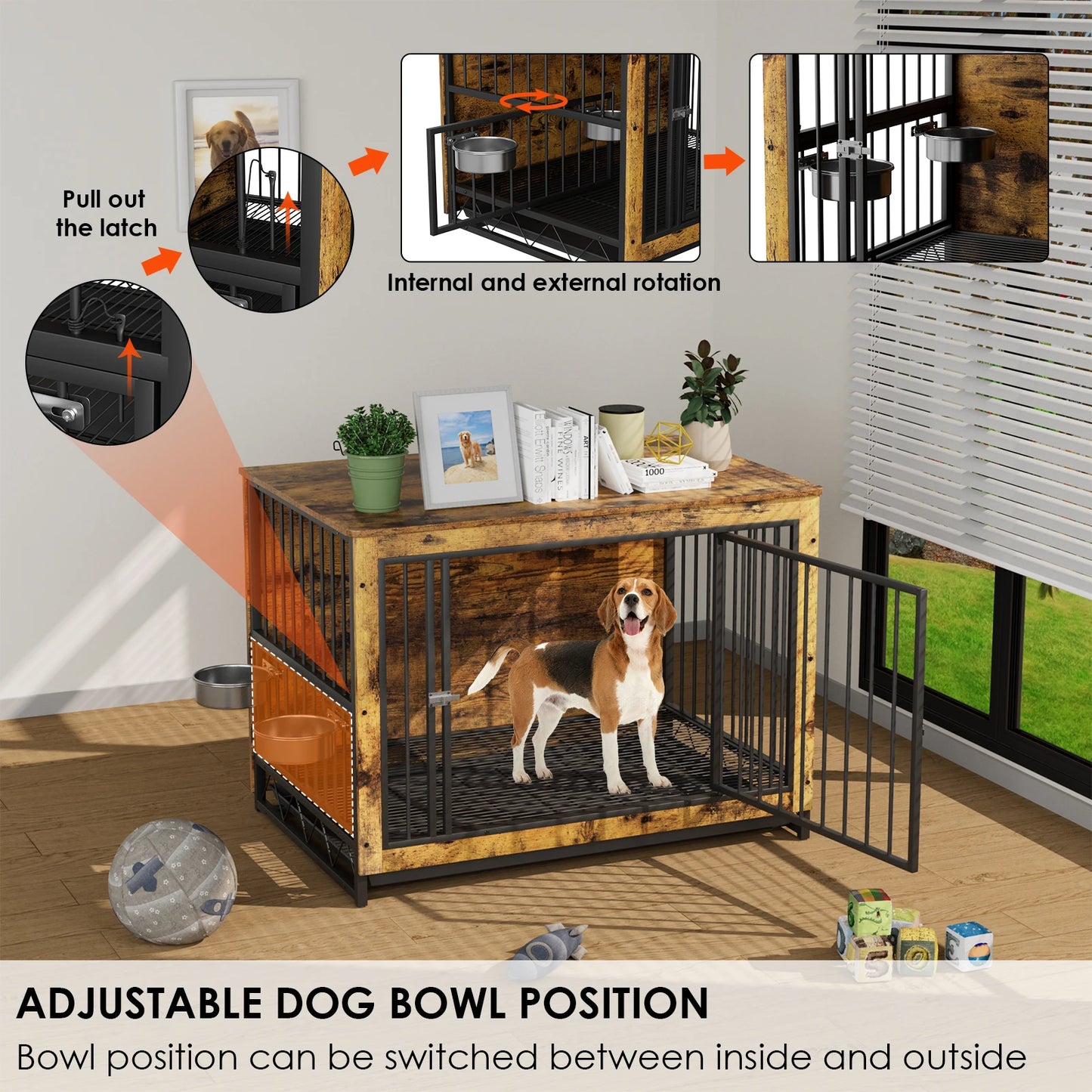 Furniture Style Dog Crate,Wooden Heavy Duty/ Raised Feeder/Dogs 2 Stainless Steel Bowls Brown/Gray