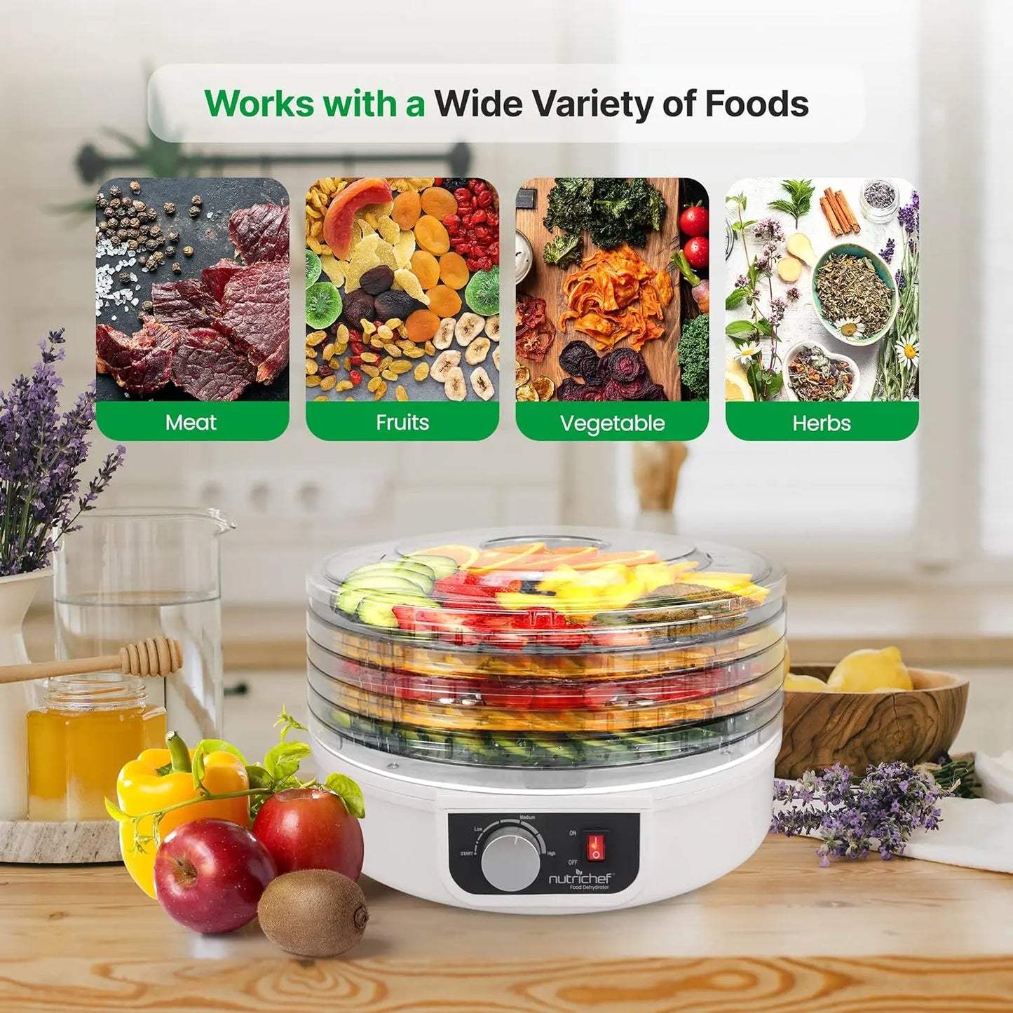 NUTRICHEF  Food Dehydrator, Meats, Mushrooms, Fruits & Vegetables | Great For At Home Use