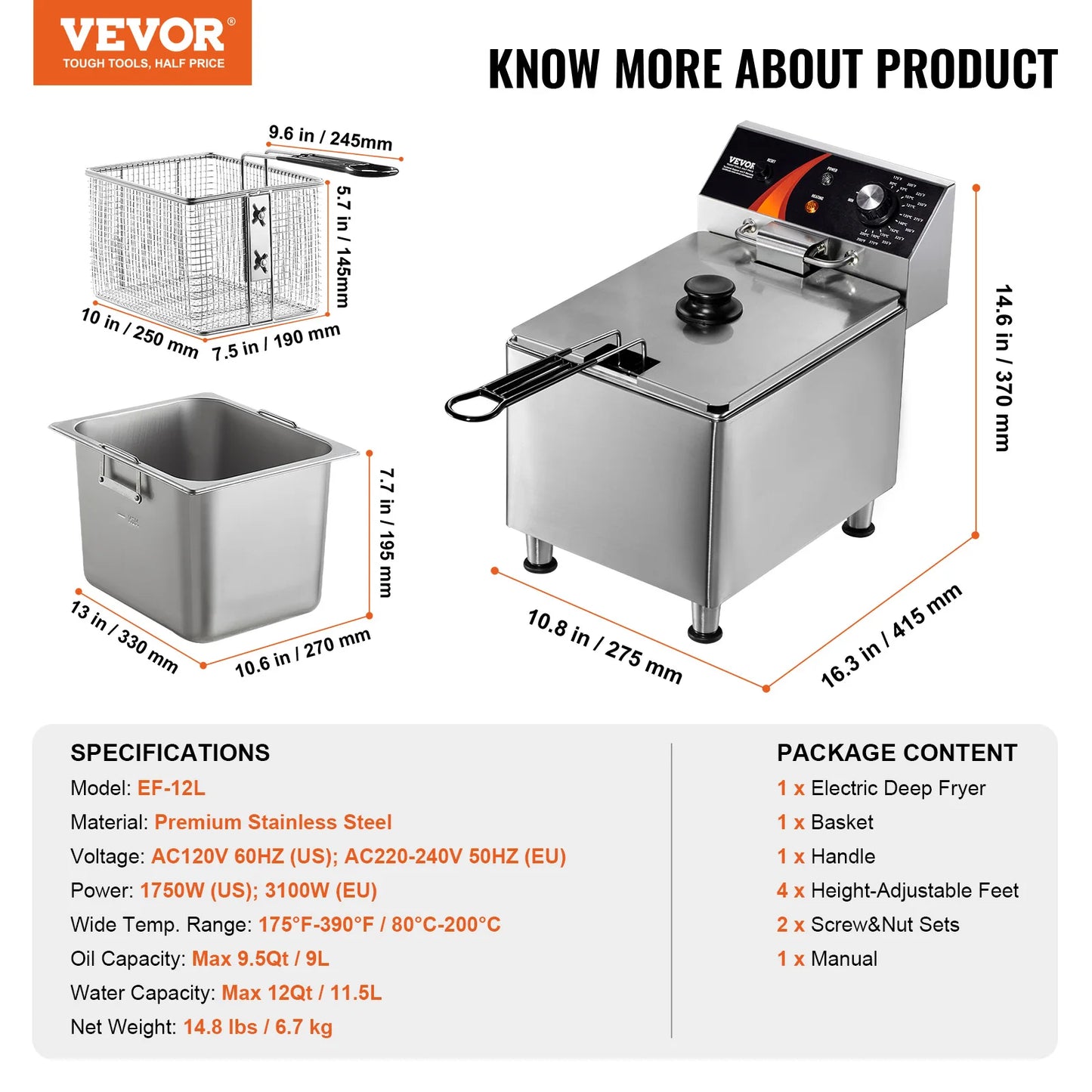 SucceBuy Commercial Deep Fryer Electric Countertop Fryer 11.6Qt Stainless Steel Single Oil Fryer
