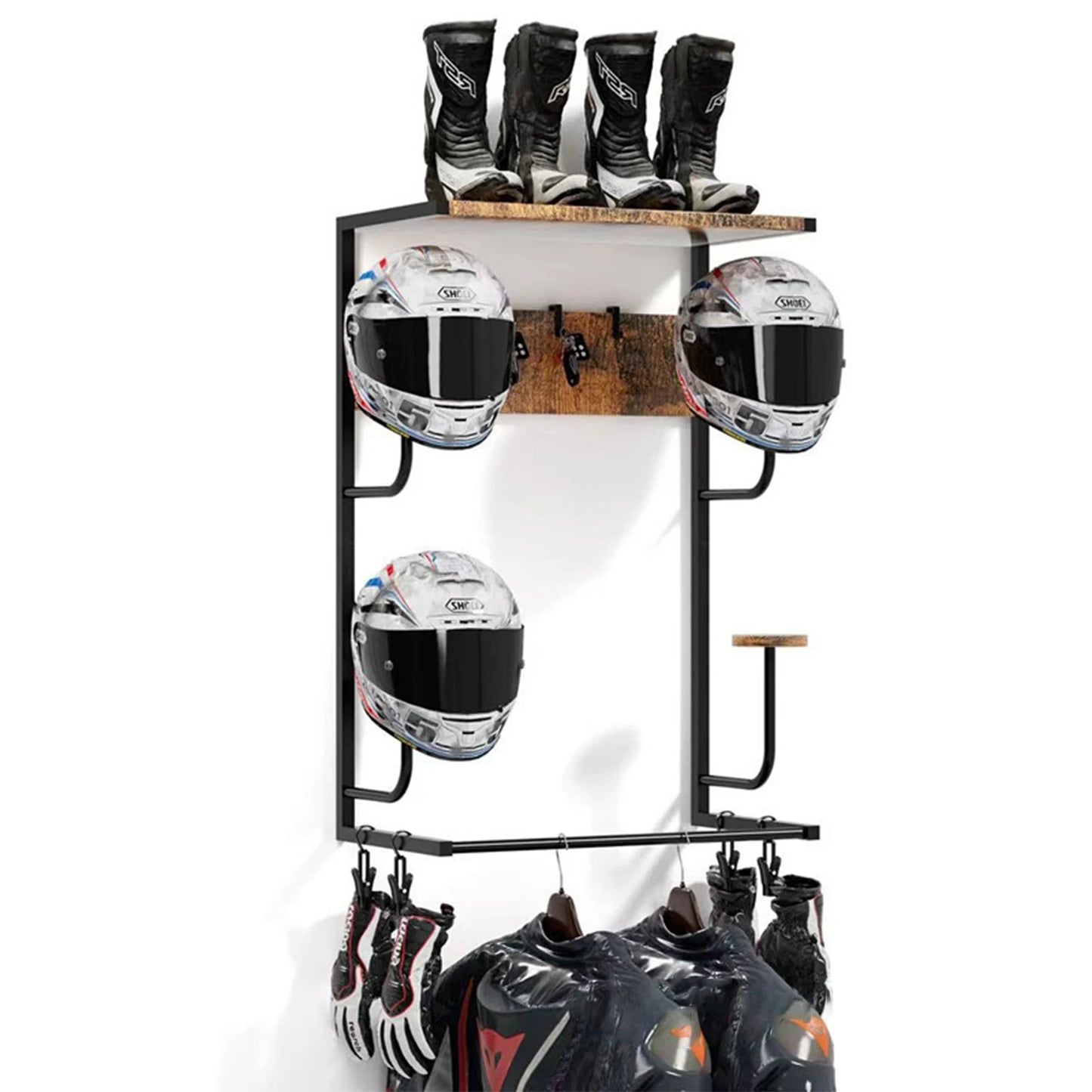 Motorcycle Helmet Holder, Wall-Mounted Rack W/4 Glove Chips & Hooks, Bike Helmets Storage Organizer