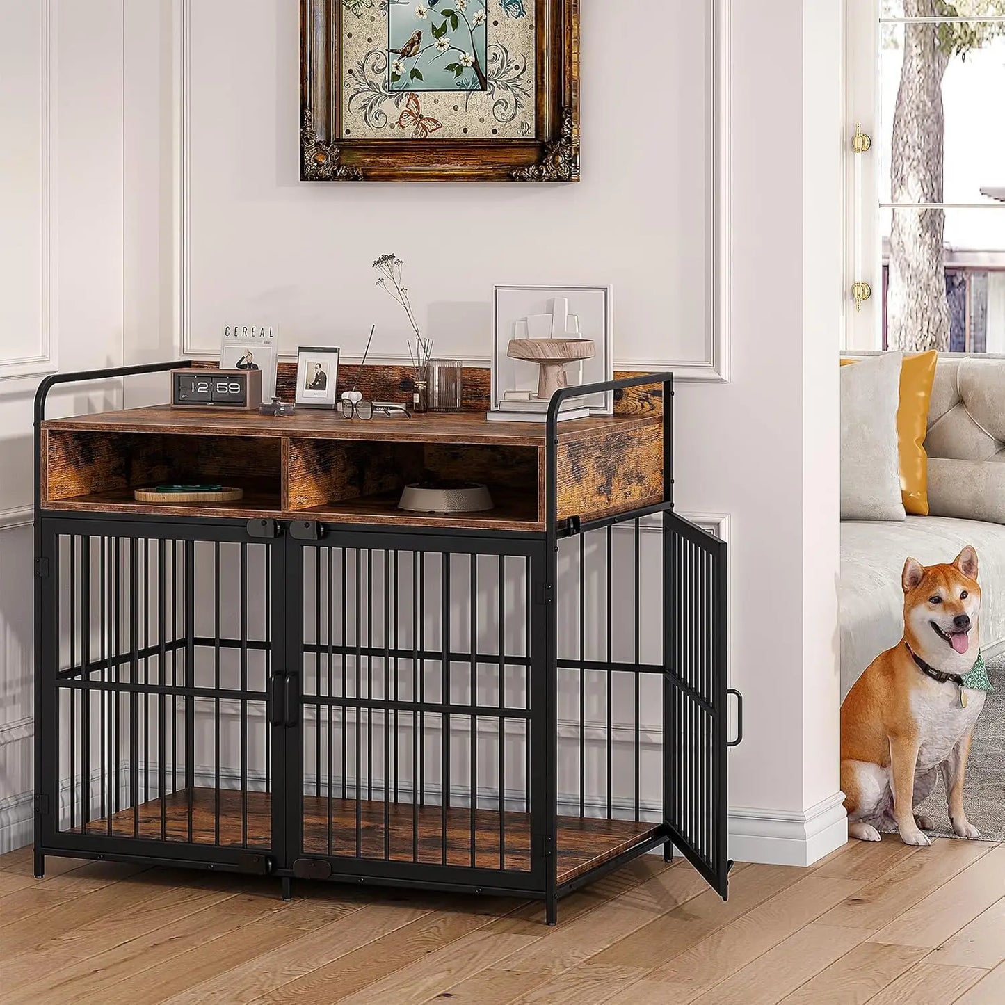 Large Furniture Dog Crate,Kennel Indoor, Wood Cage Table with Drawers Storage, Heavy Duty