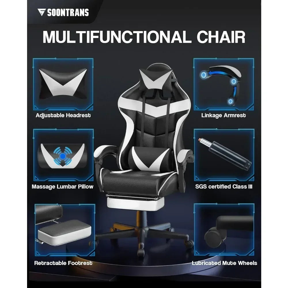 Reclining Chair Office (Polar White) Ergonomic Gamer Chair With Headrest Video Game Chairs