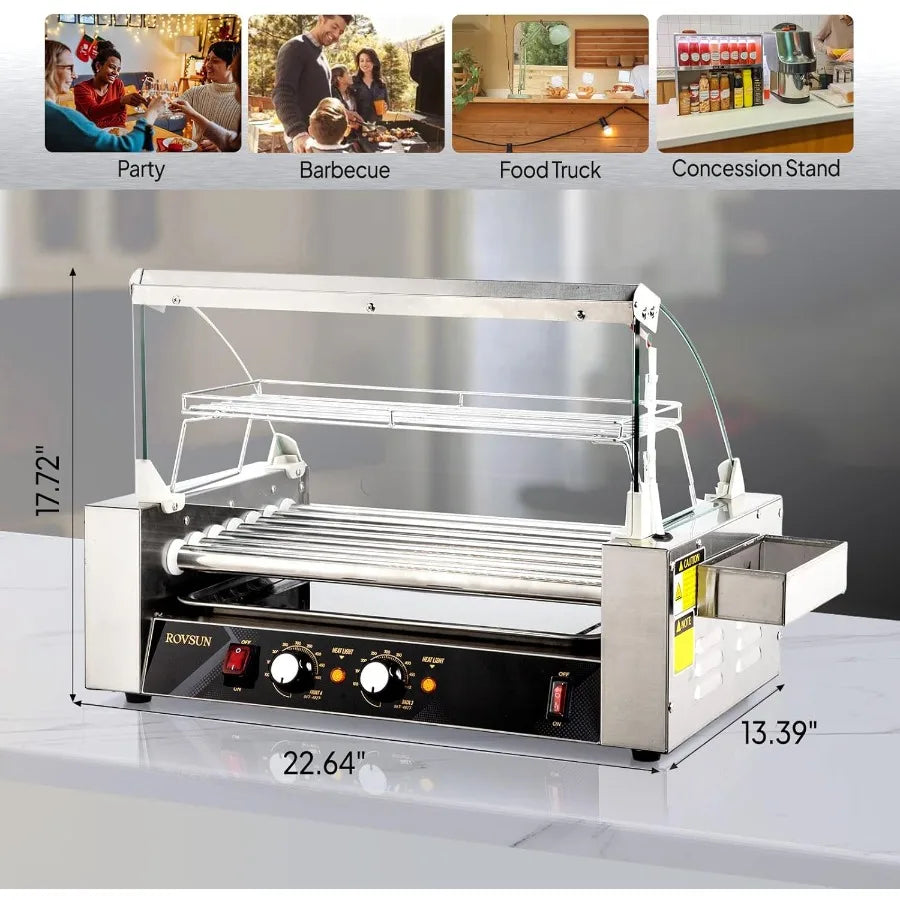 Roller ETL Certified 18 Hot Dog 7 Rollers Sausage Grill Cooker Machine w/Dual Temp Control Cover