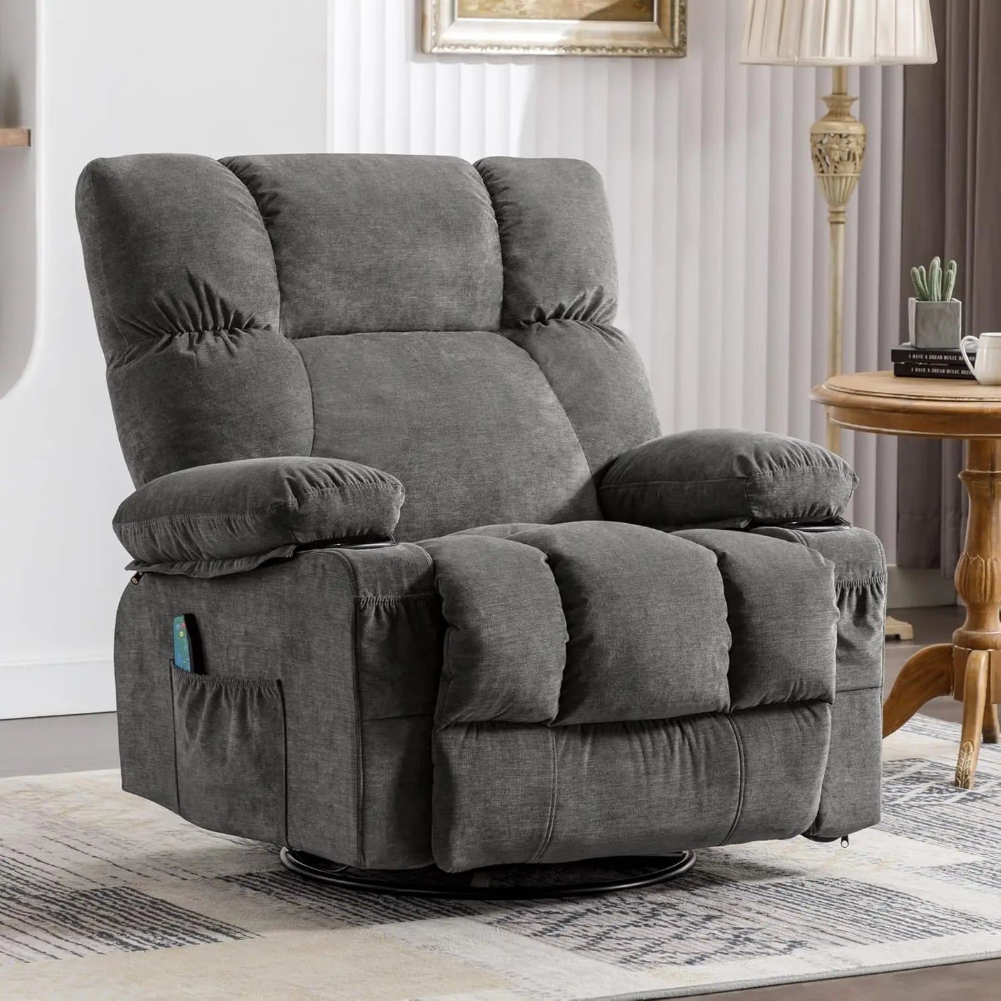 Recliner Chair with Vibration Massage & Lumbar Heating, 360° Swivel Oversized Rocker Recliner /USB