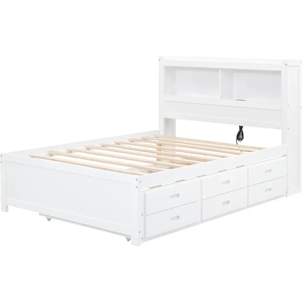 Full Platform Bed/Twin Size Trundle,Bookcase Headboard,Charging Station/3 Drawers,Wood Full Storage