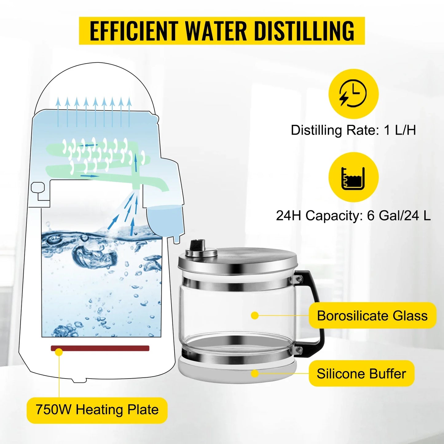 VEVOR Silver Water Distiller Machine 750W Adjustable Temperature Water Distiller 4L