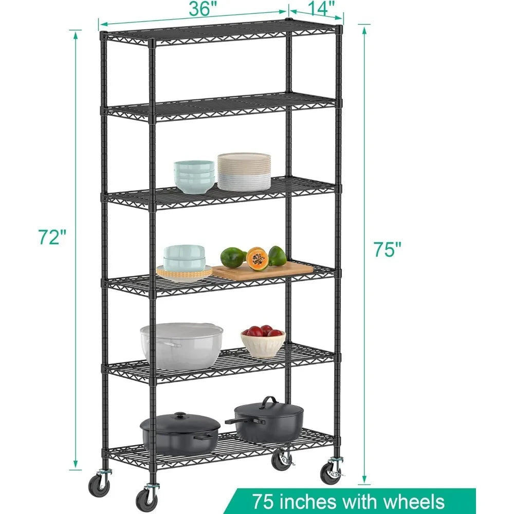 5 Tier Storage Shelves w/Wheels - Metal Shelves for Storage Adjustable Wire Shelving Unit Organizer