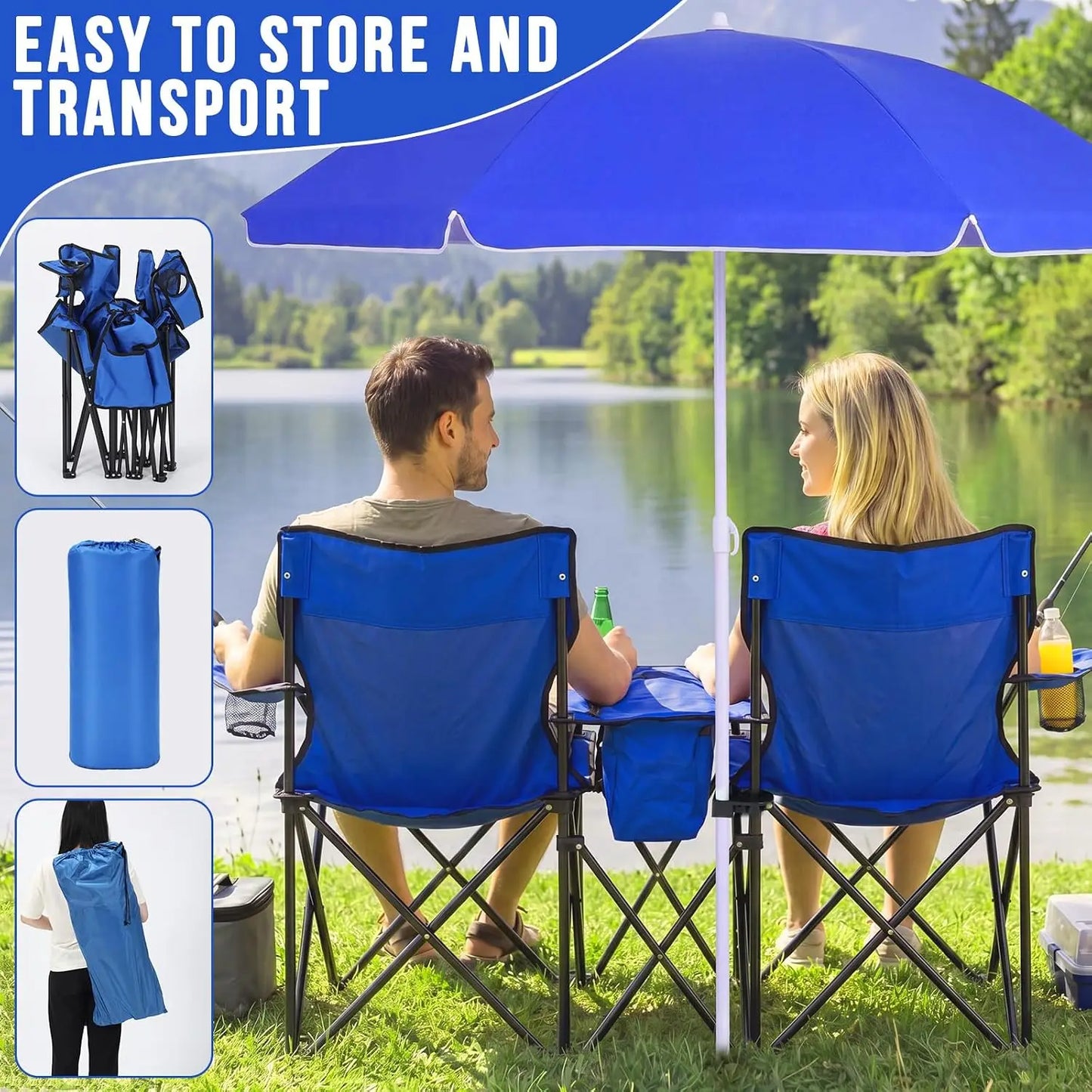 Double Camping Chair Set With Umbrella And Cooler Two Person Folding Loveseat Chair
