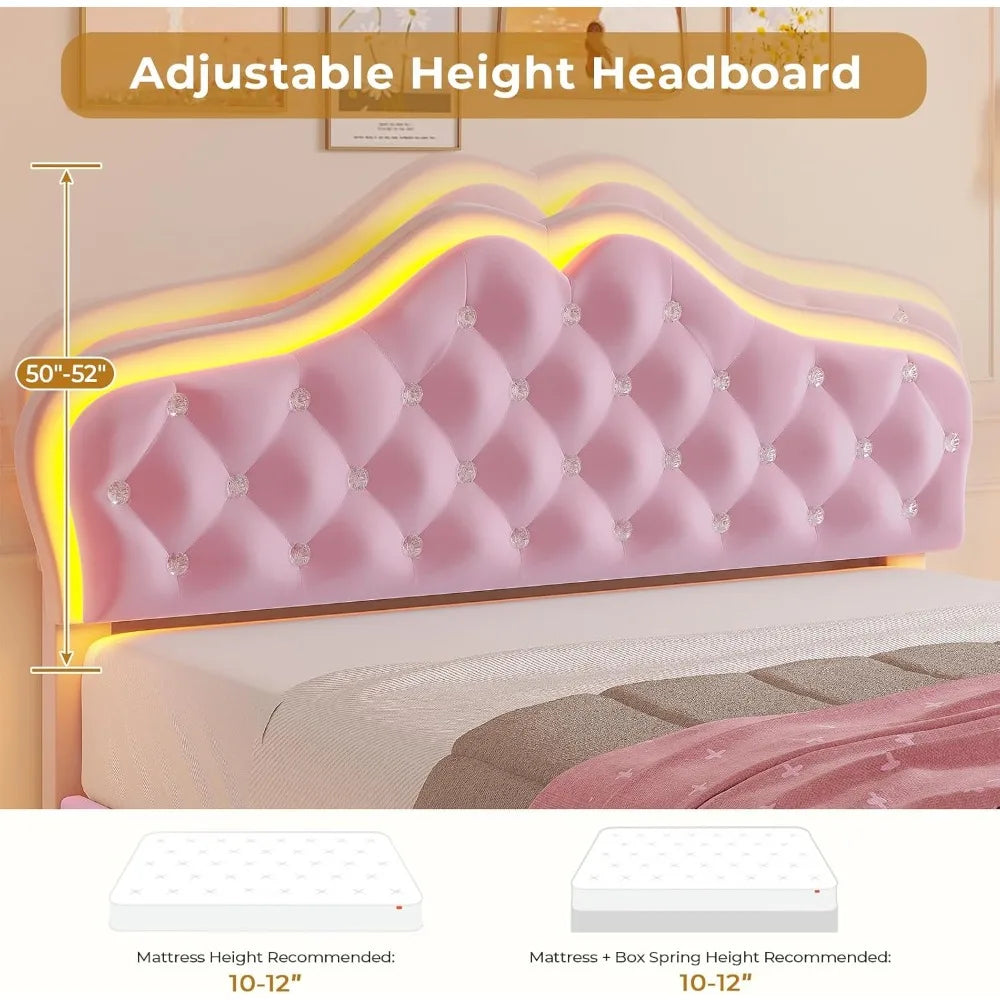 ADORNEVE Queen Size Upholstered LED Bed Frame, Girls Bed/Adjustable Crystal Button Headboard