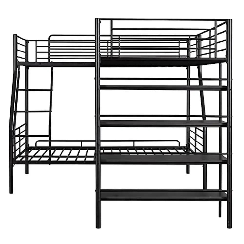 L-Shaped Metal Corner Bunk Bed w/Loft, Twin Over Full No Box Spring Needed 117.2"L x 77.5"W x 62.9"H