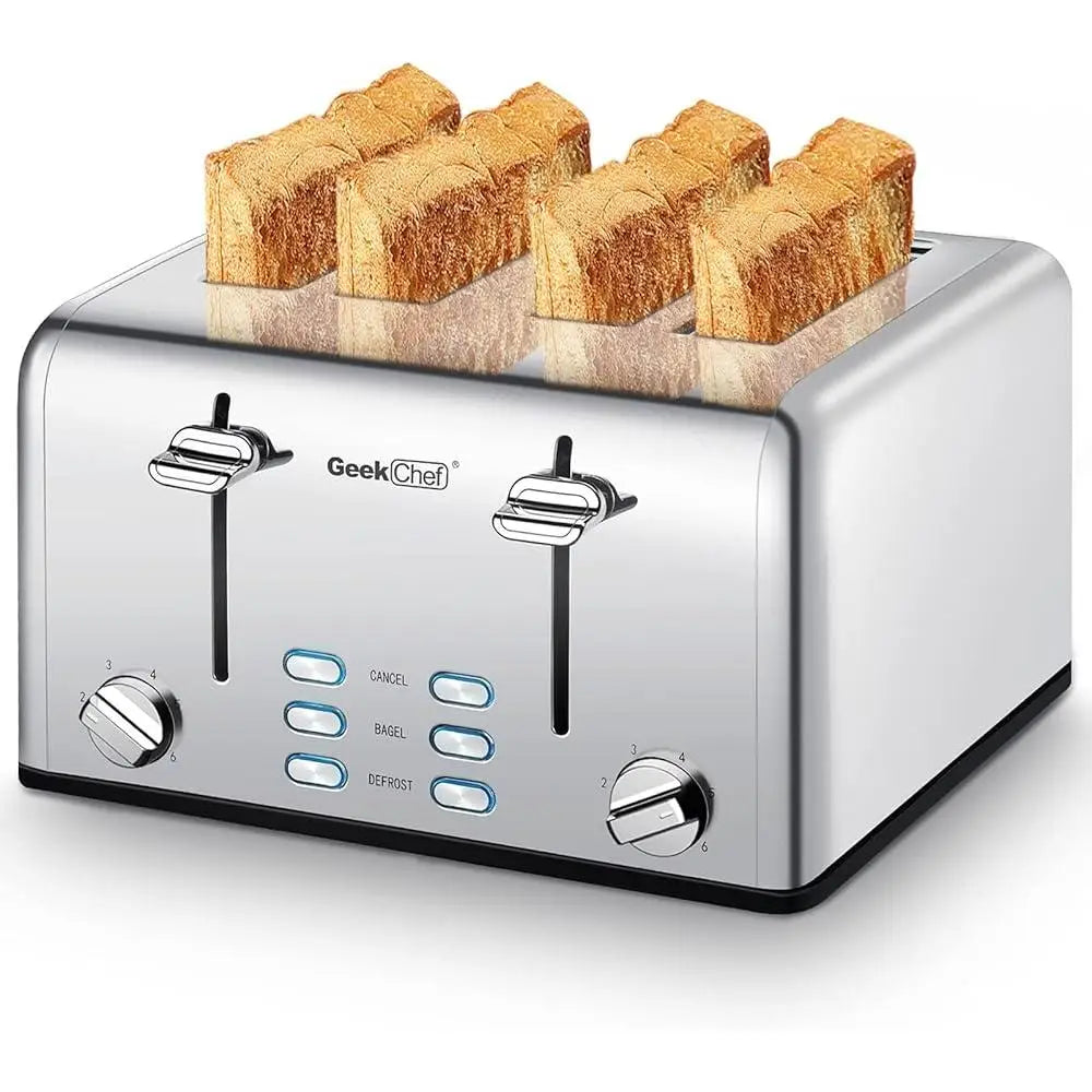 4 Slice Toaster Stainless Steel Extra Wide Slots Bagel Defrost Cancel/6 Levels Dual Control Systems
