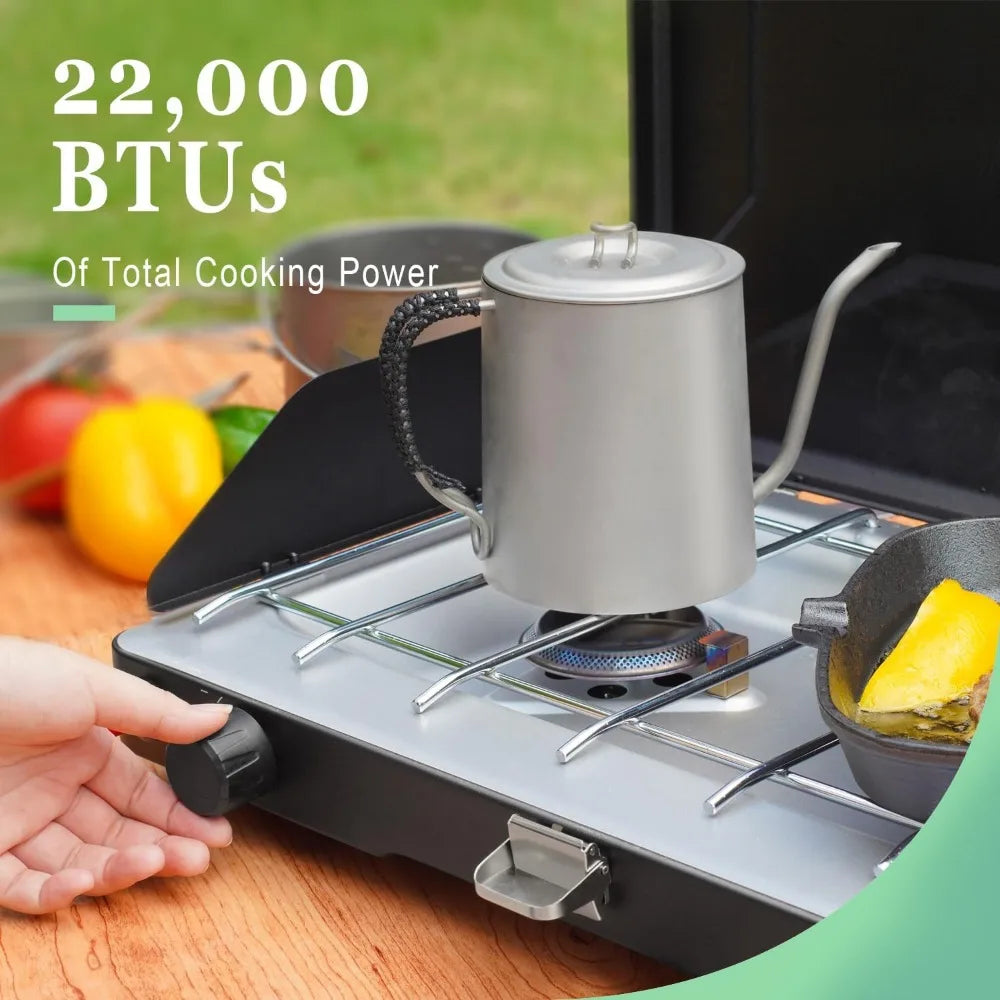 2-Burner Propane Camping Stove, 20,000 Total BTUs Portable Gas Camping Grill, Stovetop