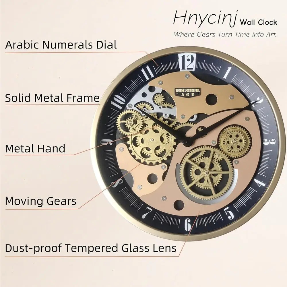 Vintage Gear Wall Clock, Battery-Powered Antique Steampunk Metal Timepiece (Black, 18)
